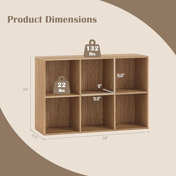 Tangkula 6-Cube Bookcase, Large Floor Standing Horizontal Bookshelf with 6 Open Shelves & 2 Anti-Tipping Kits, Home Office Wooden Storage Book Shelf for Living Room, Study (Natural, 6-Cube)