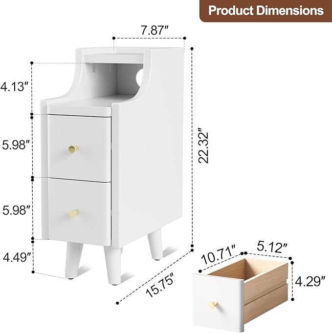 Narrow Nightstand with 2 Drawers,White Nightstand,Bedside Table,Solid Wood Modern Bedside Table for Bedroom,Study,Toilet