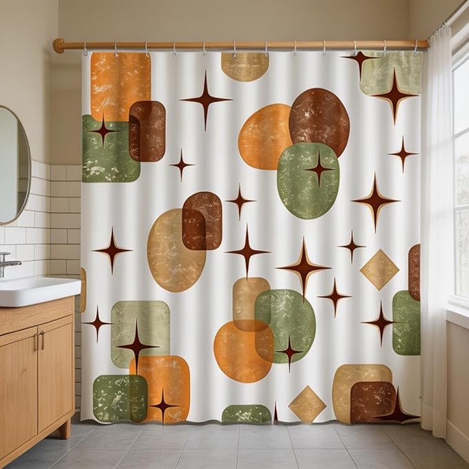 Boho Mid Century Shower Curtain Retro Abstract Geometric Shapes with Starburst Sage Green Beige and Terracotta Fabric Bath Curtain Polyester Bathroom Decor with Hooks (59"X72")