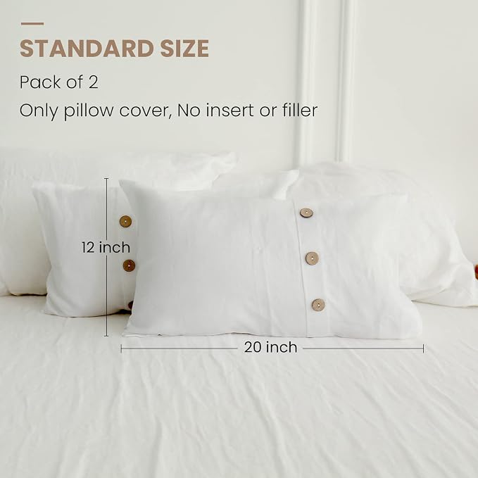 Simple&Opulence 100% Linen Lumbar Pillow Cover 12 x 20 Inch Set of 2 Rectangular Decorative Pillow Cover with Vintage Triple Coconut Button for Couch Sofa Bed Living Room Office Décor - White