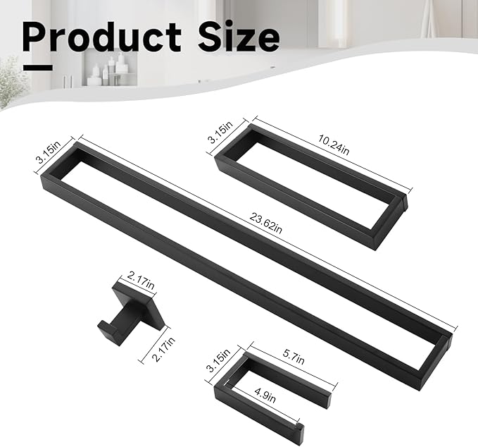 TNOMS Black Towel Bar Set, 5-Pieces Bathroom Hardware Set,23.6 Inch Towel Rack Set Stainless Steel Towel Holder Set Wall-Mounted Bathroom Accessories