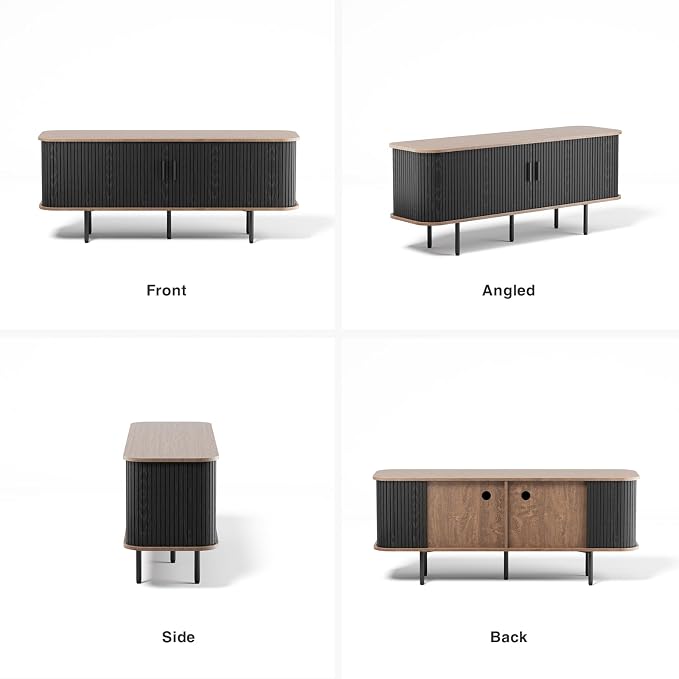 55''W Black Cabinet with Storage, Media Console, Tambour TV Stand, Television Stands with Curvy Edge; Sliding Door, Fluted Cabinet, Buffet Sideboard, Credenza, Table Stand for Living Room, Kitchen