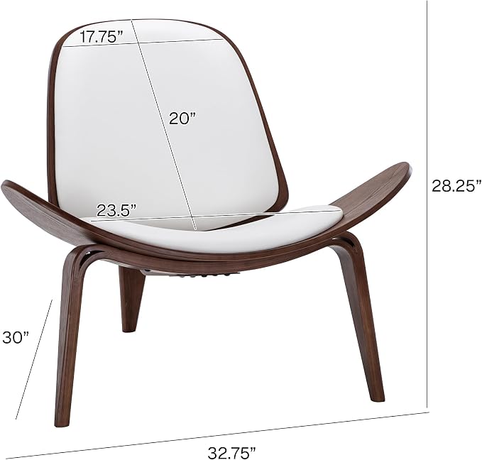 BELLEZE Shell Chairs Set of 2, Armless Mid Century Modern Accent Chairs Faux Leather Shell Lounge Chairs for Living Room Bedroom Office, Tripod Side Chairs with Padded Seat, Solid Wood- Avalon (White)