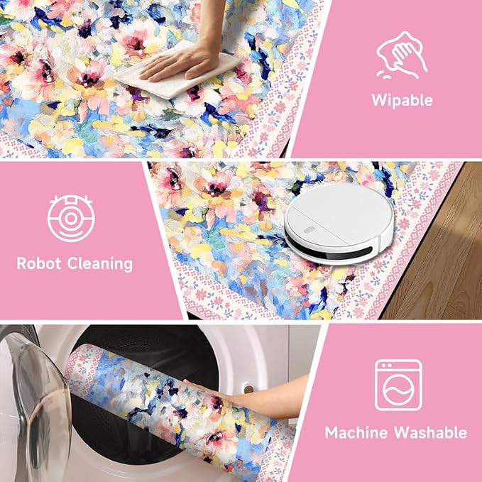 Floral Oil Painting Area Rug Watercolor Flower Print Rugs for Entryway Bedroom Living Room Nursery Kitchen Playroom Home Decor Washable Low Pile Floor Mat Carpet,2'x3'