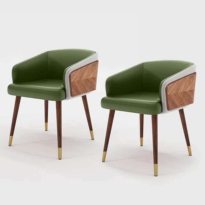 ARTPLAN Modern Upholsted Accent Dining Chairs Set of 2,Mid-Century Faux Leather with Walnut for Kitchen,Office Waiting Room Arm Sitting Chair, Beech Legs Dissassembly Adjustable Feet,Avocado