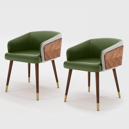 ARTPLAN Modern Upholsted Accent Dining Chairs Set of 2,Mid-Century Faux Leather with Walnut for Kitchen,Office Waiting Room Arm Sitting Chair, Beech Legs Dissassembly Adjustable Feet,Avocado