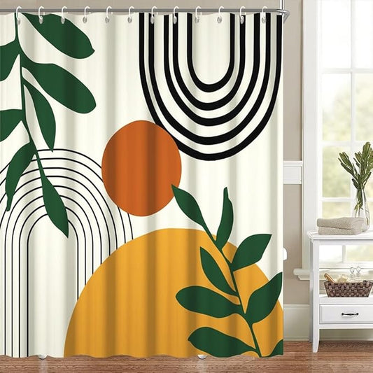 72x72 Inch Boho Mid Century Shower Curtains for Bathroom Abstract Minimalist Bathroom Set Decor Stripes Palm Leaves Chic Aesthetic Bathtub Curtains Washable Waterproof Polyester Fabric with Hooks