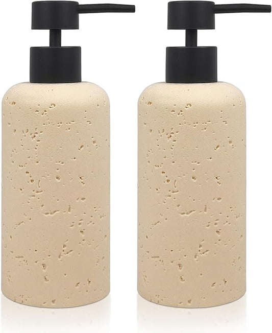 2 PCS Resin Soap Dispensers 11oz, Refillable Luxurious Hand Dish Lotion Shampoo Soap Dispenser Jar with Rust Proof Pump 340ml, Travertine Soap Pump Bottle for Kitchen Bathroom Countertop (Cream)