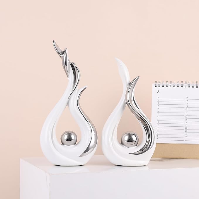 2PCS Abstract Flame Ceramic Sculpture Set – Modern Figurines for Living Room Table Centerpiece, Dining Table Decor, Bedroom Table Decor, Shelf Sculpture, Fireplace, and Home Decoration (White Silver)