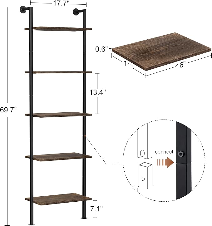 Acovy 5-Tier Bookshelf Solid Wood Ladder Shelf, Narrow Book Shelf Display Shelf, Wooden Bookcase, Wall Mount Ladder Shelf, Storage Rack for Living Room, Bedroom, Industrial Style, Dark Brown