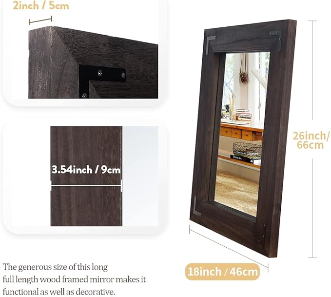 YOSHOOT Rustic Wooden Framed Wall Mirror, Natural Wood Bathroom Vanity Mirror for Farmhouse Decor, Vertical or Horizontal Hanging (26" x 18", Black)