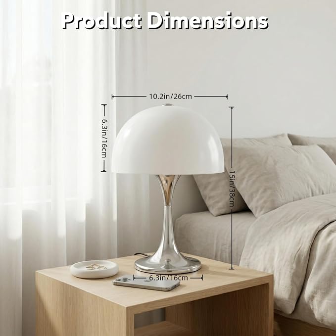 Modern Mushroom Table Lamp, Mid-Century Nightstand Lamp with Smooth Acrylic Shade & Metal Base, 3-G9 Socket Bedside Desk Lamp for Bedroom Living Room Office, Retro Decor Accent Light, Chrome