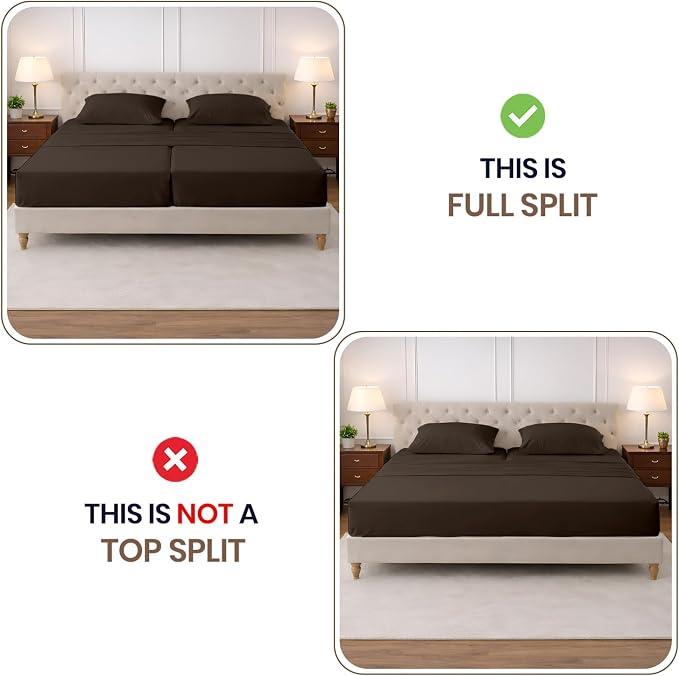 SGI Split King Sheet Set for Adjustable Bed Egyptian Premium Cotton 600 Thread Count Sheets for Sleep Number Bed 15" Deep Pocket 5 Pc Set with 2 Twin XL Fitted Sheets Soft Breathable -Chocolate