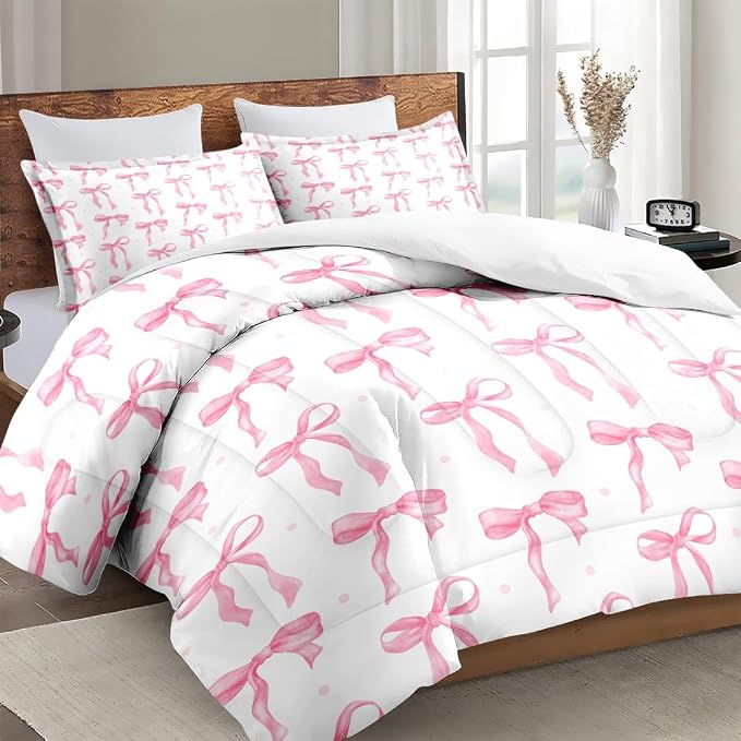 Comforter Set with 2 Pillowcases King Size, Cute Coquette Pink Bow Bowknot, Bed Decor Sweet Themed Elegant Girly Baby for Kids and Adults, Soft Cozy Bedroom Bedding Set