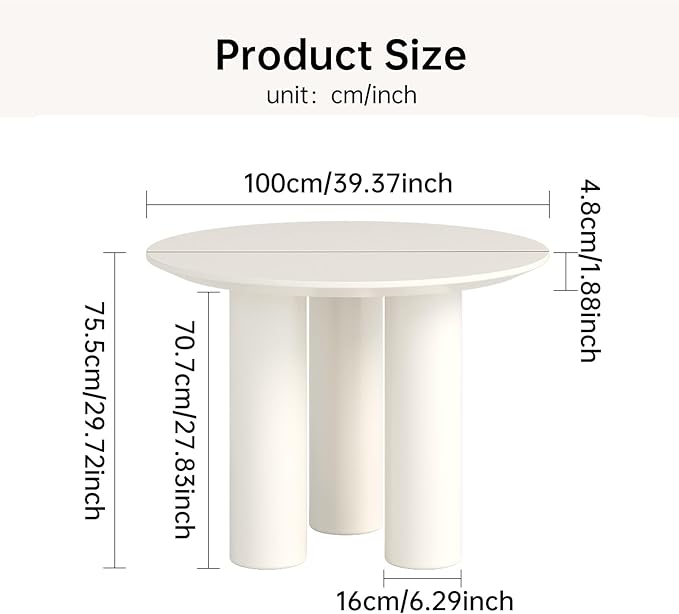 39.37" White Dining Table for 2-4 Round Kitchen & Dining Room Tables with Thicken Tabletop and Wooden Legs Circle Leisure Coffee Dinette Table for Kitchen, Living Room, Office