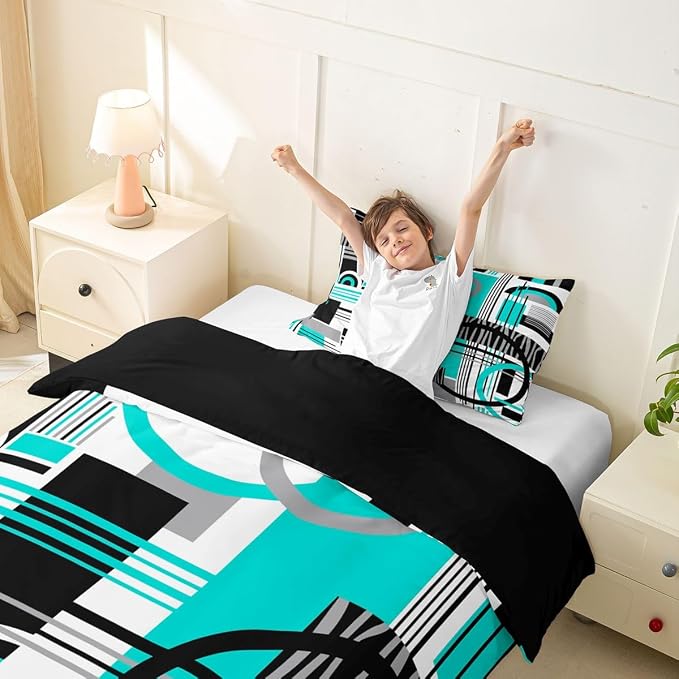 Erosebridal Art Deco Mid Century Duvet Cover Set Retro Modern Abstract Geometric Twin Bedding Sets for Girls Teen Boys Black and White Teal Circles Stripes Comforter Cover Contemporary Bed Set