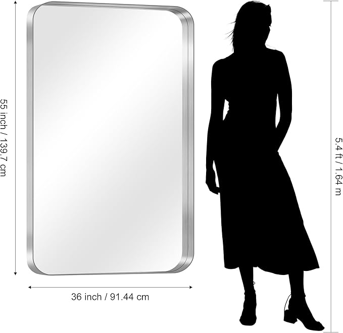 CIRCUMI Silver Bathroom Mirror, 36"x55" Rectangular Mirror with Deep Metal Frame, Rounded Corner, Tempered Glass, Large Mirror for Wall, Over 2 Sinks, Installed Vertically/Horizontally, Crystal-Clear