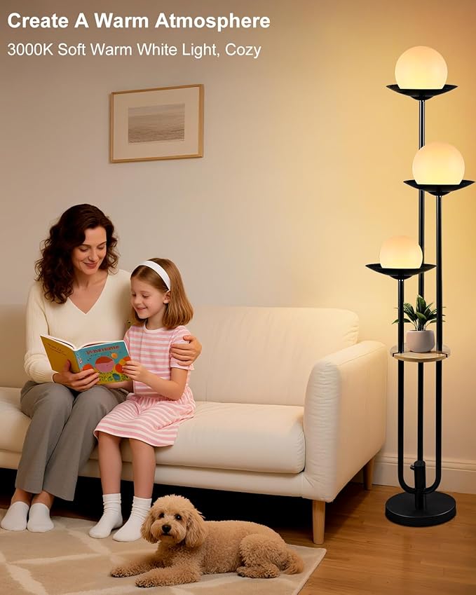 63IN Globe Floor Lamp with Table, 3-Lights Modern Dimmable Floor Lamps with 3000K Soft Warm White Bulbs for Wedding/Party, Black Tall Standing Lamp for Living Room/Bedroom