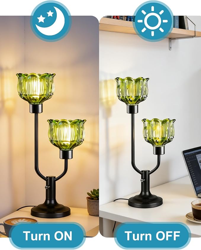 Lightdot Vintage Green Glass Table Lamp for Bedroom Dimmable Mid Century Modern Desk Lamp Black Flower Nightstand Lamp 2 Bulbs Included Warmwhite Ambient Bedside Lamp for Living Room Home Office Decor