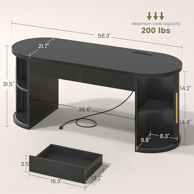 SEDETA Office Desk with 2 Drawers, 58.3" x 21.7" Fluted Long Computer Desk with 2 Sliding Doors Storage and Power Strip, Wood Executive Desk for Home Office, Living Room, Bedroom, Black