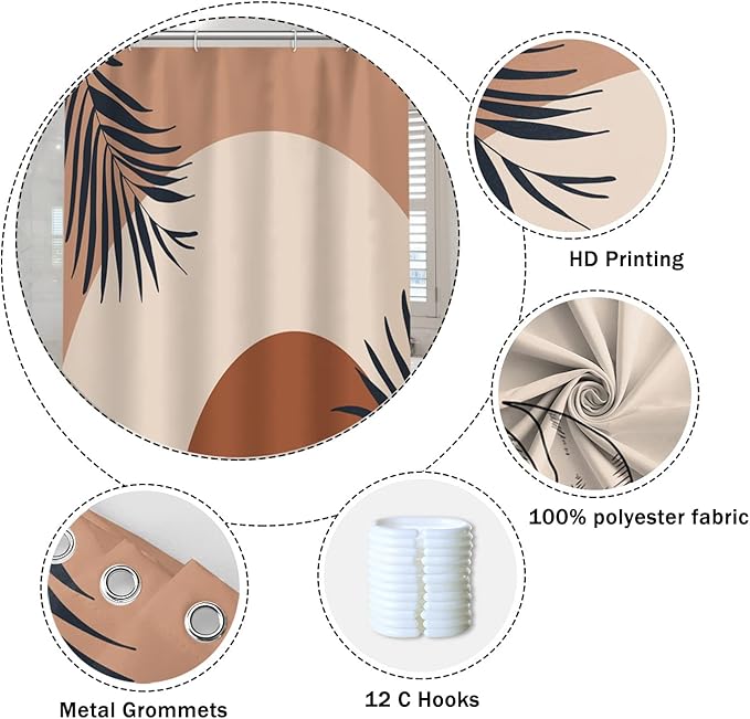 Abstract Mid Century Boho Bathroom Shower Curtain - Orange Sun Eucalyptus Leaves Shower Curtain with Hooks - Waterproof Polyester Fabric - 48x72 Inch