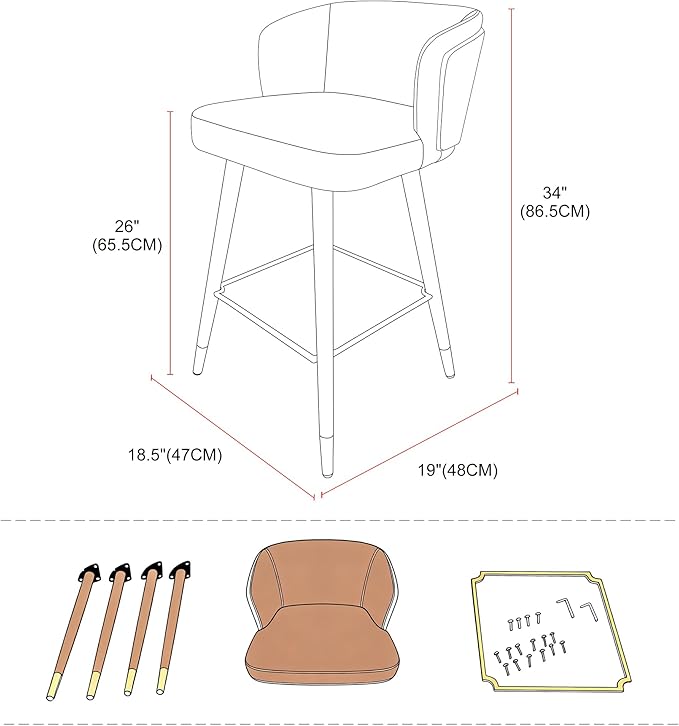ARTPLAN Mid Century Modern Bar Stools Set of 4 for Counter Height - Leather Upholstered Seat with Walnut Wood Frame, Retro 34 Inch Bar Chairs for Home Kitchen Island, Bar, Breakfast Nook,Steel Gray