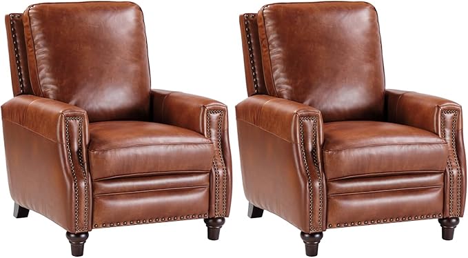 HULALA HOME Genuine Leather Recliner Chair Set of 2, Push Back Recliner Armchair with Thick Seat and Backrest(Saddle)