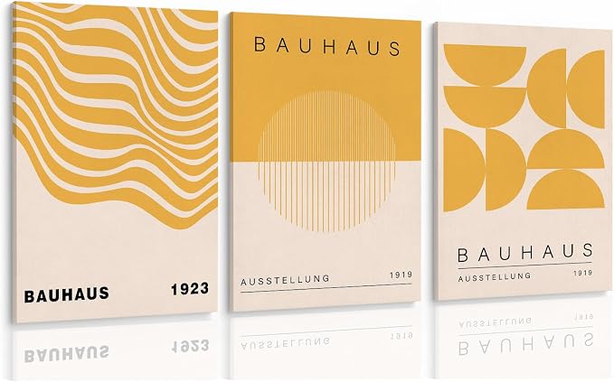 Geometric Line Wall Art Abstract Shape Prints Bauhaus 1923 Poster Beige and Yellow Wall Art Mid Century Modern Artwork Bauhaus Exhibition Poster Boho Modern Pictures for Home 16x24inch Wood Framed