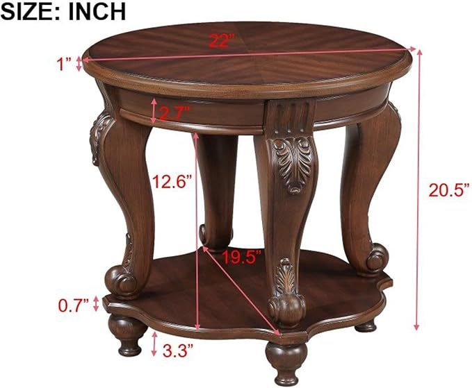 22'' Round End Table Solid Wood Sofa Side Table with Storage Shelf, Living Room Corner Table Retro Accent Table with Cherry Finish, Easy Assemble Round Bedside Table Night Stand for Small Space