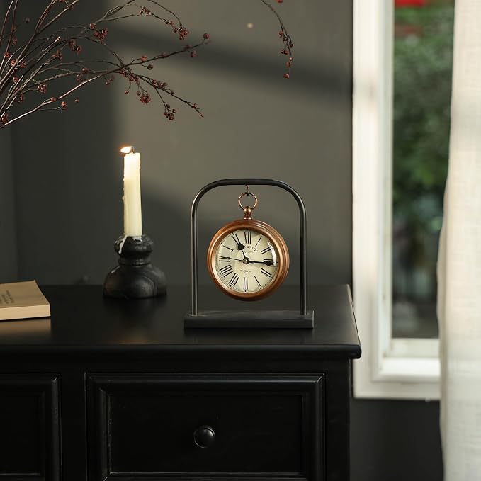 NIKKY HOME Small Vintage Desk Clock, Silent Decorative Bronze Table Clock | Non-Ticking Battery-Operated Metal Clock with Roman Numerals, Perfect for Living Rooms, Offices, Shelves, Mantels