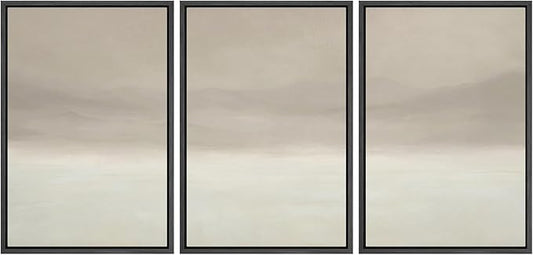 MUDECOR Framed Wall Art Print Set Misty Horizon Minimalist Foggy Mountain Landscape in Soft Neutral Tones Illustrations Realism Decorative for Living Room, Bedroom, Office - 24"x36"x3 Black