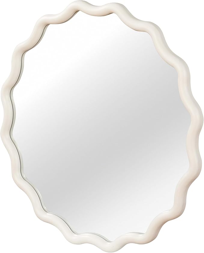 24 Inch Wooden Wavy Round Wall Mirror, Modern Solid Wood Frame Circle Decorative Accent Mirror for Bedroom, Bathroom, Living Room, Entryway, White