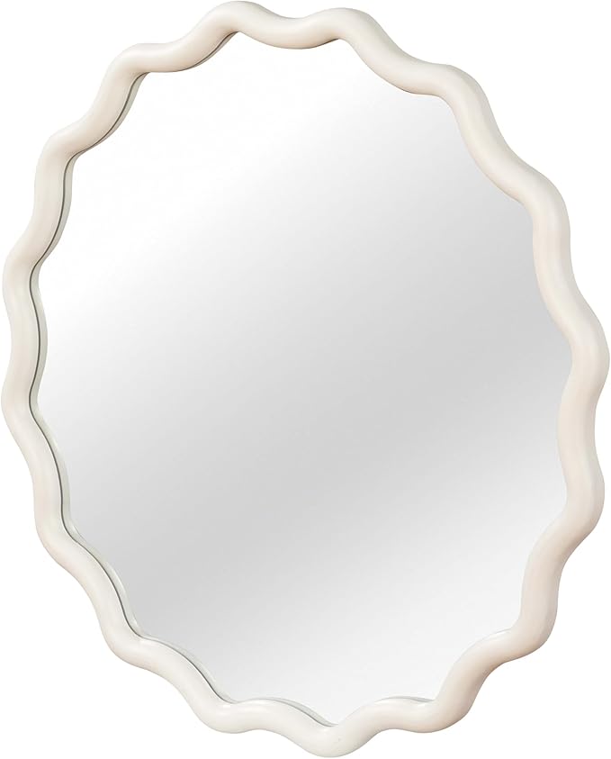 24" Wavy Round Solid Wood Frame Decorative Mirror, for Bedroom, Bathroom, Living Room, Entryway, HU26052223 (White)