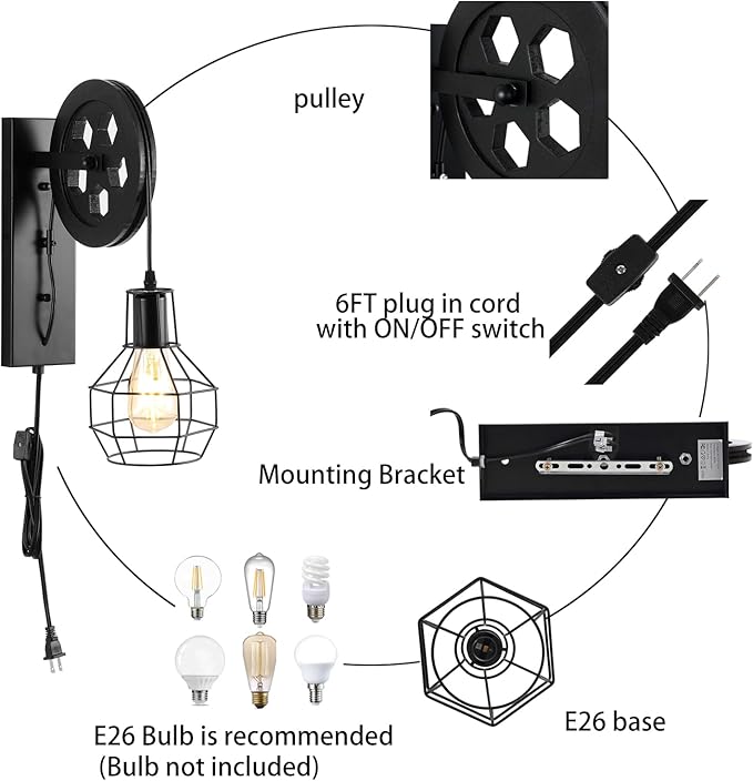 Plug in Wall Sconce Rustic Wall Light Lift Pulley Matte Iron Cage Shade Metal Black Industrial Mid Century Wall Lamp Indoor Lighting Barn Restaurant