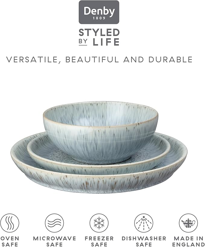 Denby - Halo Speckle Dinner Set For 4-12 Piece Reactive Glaze Ceramic Stoneware Grey, Neutral, Blue Tableware Set - Dishwasher Microwave Oven Safe - Scratch Chip Resistant