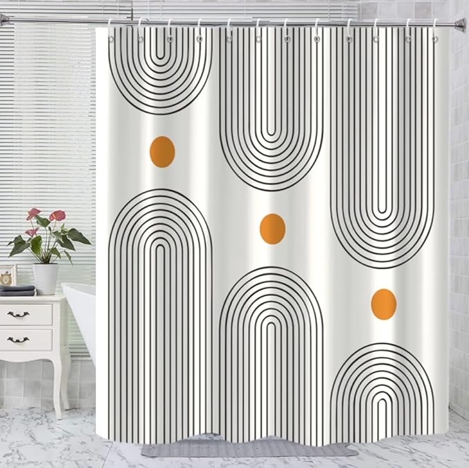 Boho Mid Century Shower Curtain, Modern Abstract Arch Sun Ivory Machine Washable Waterproof Fabric for Bathroom Decor Bathtub with 12 Hooks 72Wx78H