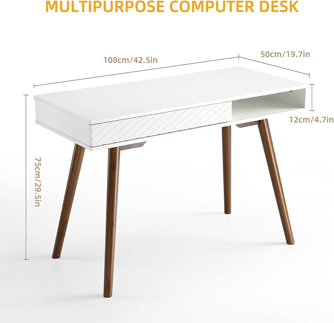Small Office Desk, Mid Century Modern Writing Desk with Drawers, 42 Inch Wooden Computer Table for Study Room Bedroom (White+Walnut)