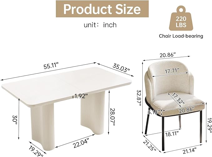 Dining Table Set for 4, 55.11" Rectangular Kitchen Table with 4 Chairs, 5-Piece Dining Set with Spacious Top & Waved Legs for Kitchen, Living Room, Home, Apartment, White