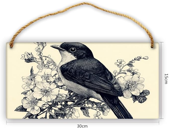 Retro Illustration en Bird & Floral Masterpiece wooden sign, 12x6 Inch Wall Decors for Collectors, Nostalgic Studio Accent, Unique Show & anniversary for Vintage Fans