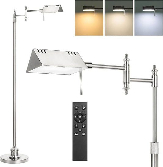 Dimmable Pharmacy Floor Lamp with Remote, 17W LED Reading Floor Lamp with 360°Swing Arm, 3 Color Temperature, Height Adjustable Silver Standing Task Lamp for Living Room, Bedroom, Brushed Nickel