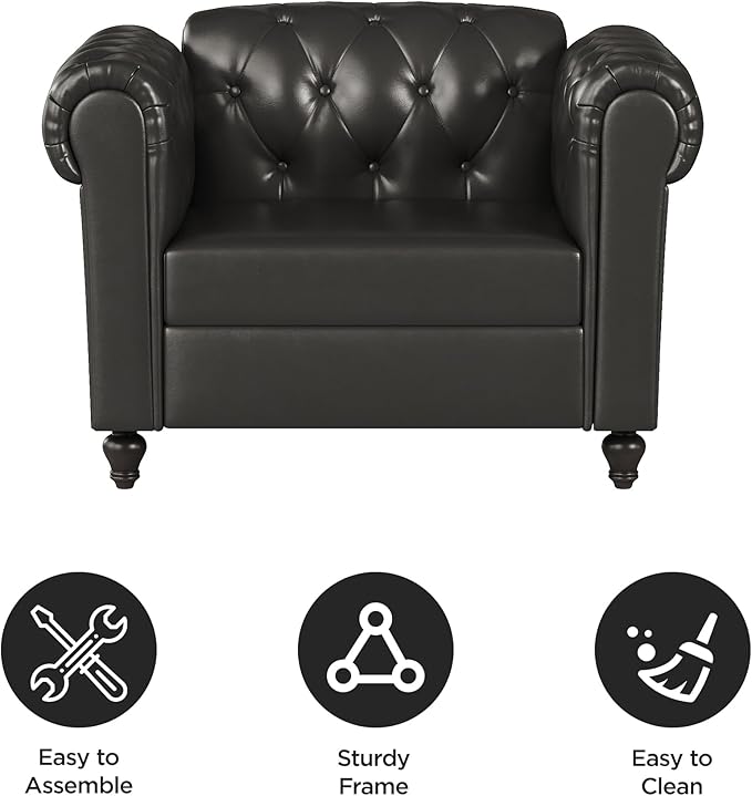 Black Faux Leather Accent Chairs, Button-Tufted Upholstered Club Chair Retro Armchairs, Mid Century Modern Accent Chair with Solid Wood Legs, Cozy Chesterfield Couch Chairs for Living Room, Bedroom