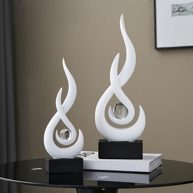 FJS White Decor Modern Flame Statue Home Decorations for Living Room, 11.8" H Resin Sculptures Home Décor Accents, Abstract Art Sculpture for Dining Room Office Coffee Table Centerpiece