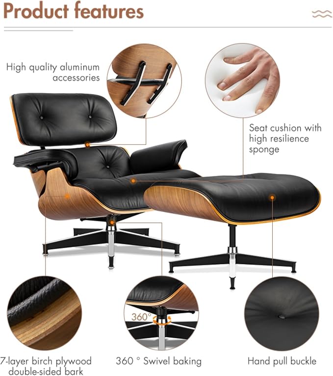 Mid Century Chaise Lounge Chair with Ottoman, Top Black Grain Leather, Modern Office Chair Classic Design, Heavy Duty Base Support for Living Room Study Lounge Office