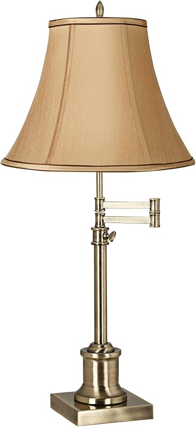 360 Lighting Westbury Traditional Swing Arm Desk Table Lamp Adjustable Height 36" Tall Antique Brass Tan Fabric Bell Shade for Living Room Bedroom House Bedside Nightstand Home Office