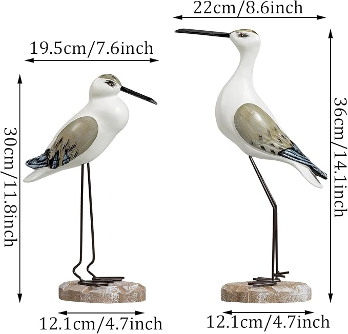 2Pcs Wooden Seagull Figurines, Mediterranean Style Bird States Ornaments for Beach,Garden, Backyard,Balcony, Living Room Decoration