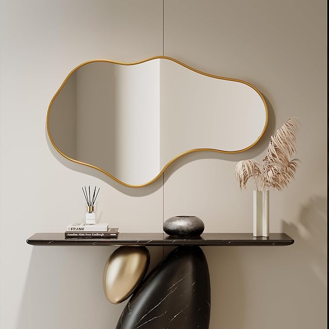 Irregular Wall Mirror - Gold Wall Mirrors Decorative 26"x 43" Wavy Asymmetrical Abstract Mirror Aviation Aluminum Alloy Frame Unique for Vanity, Entryway, Bathroom, Bedroom, Living Room, Cloakroom
