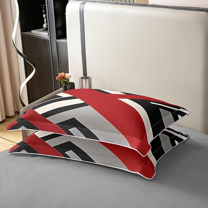 Erosebridal Red Black Grey Bedding Set Queen Geometric Triangle Stripe 100% Cotton Duvet Cover Simple Lines Comforter Cover for Kids Teens Adults Nordic Style Bed Set 3 Pcs