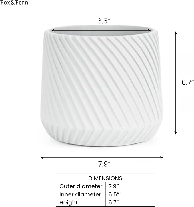 Fox & Fern Large Indoor Planter, Modern Large Plant Pot for Indoor or Outdoor, UV and Frost Resistant - 8 Inch, Polystone, Matte White Flower Pot with Drainage Plug, 3D Printed Design
