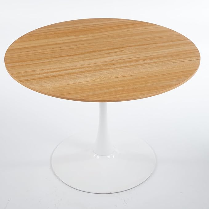 42 Inch White and Oak Round Dining Table for 4-6 Person,Mid-Century Oak Tulip Kitchen Table, Pedestal Metal Base Table for Kitchen Dining Room