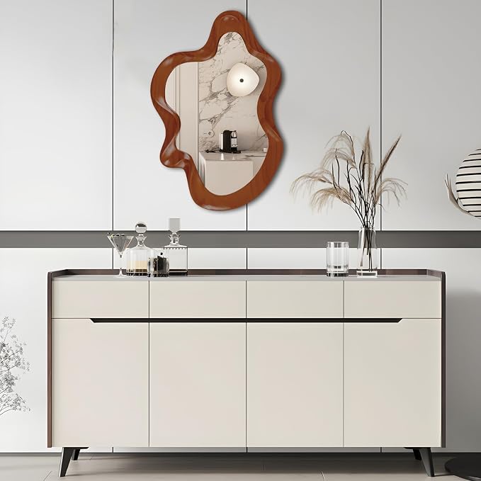 32"x 21" Irregular Wall Mirror, Walnut Wooden Framed Asymmetrical Wall Mirror for Living Room Bedroom Entryway Bathroom Modern Decorative Hanging Hooks
